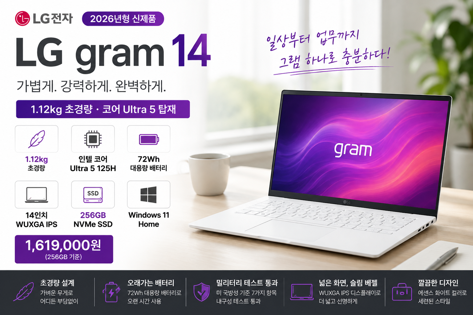 LG전자 2026 그램 14 14Z90S-GA5VK 1.12kg 초경량 노트북 인텔코어Ultra5 WUXGA 72Wh배터리 썬더볼트4 사무용