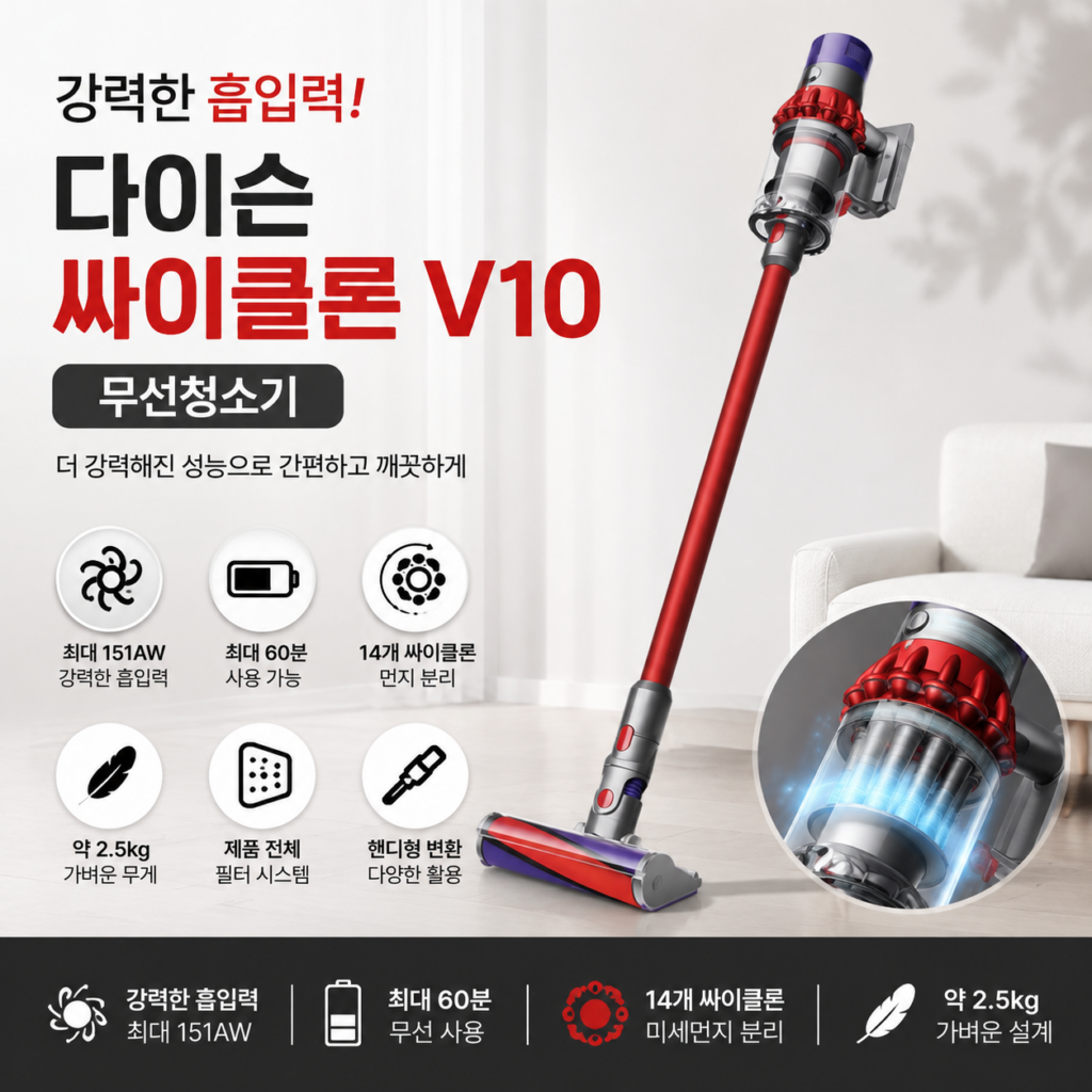 다이슨 싸이클론 V10 무선청소기 447796-01 강력흡입 최대60분 엉킴방지 미세먼지차단 핸디형 제품 이미지