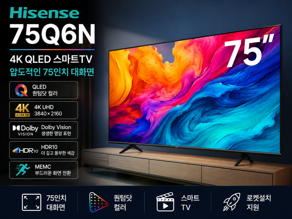 Hisense하이센스 4K QLED 75형 스마트TV 75Q6N 돌비비전 스탠드형 OTT시청 가성비 홈시네마 제품 이미지