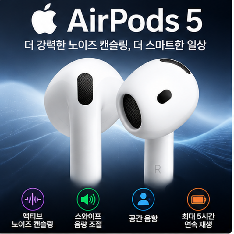 Apple 2026 에어팟 5 무선 충전 케이스 액티브 노이즈 캔슬링 블루투스 이어폰 MKFT4KH/A